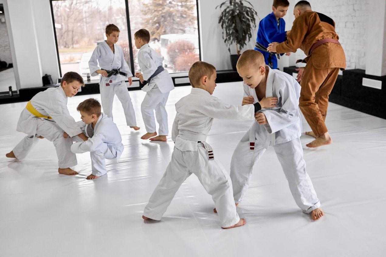 Jungen beim Partnertraining in Karate-Anfaengerkurs in Muenchen, weiss und gelb geguertelt, mit Trainern im Hintergrund
