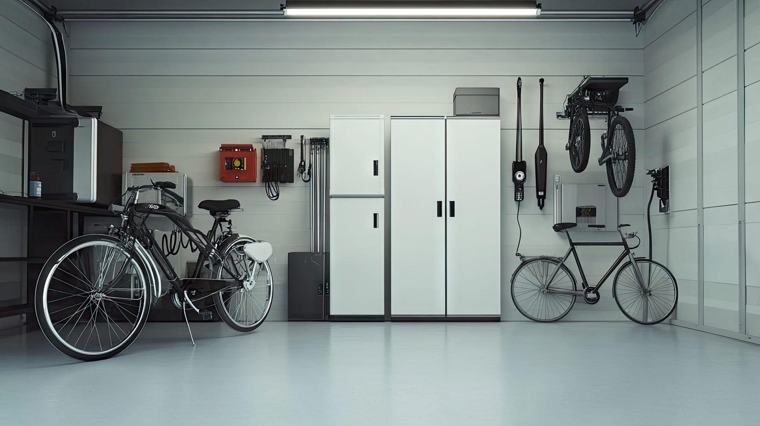 Moderne Fahrradgarage mit Wandhalterungen und Schrankmodulen