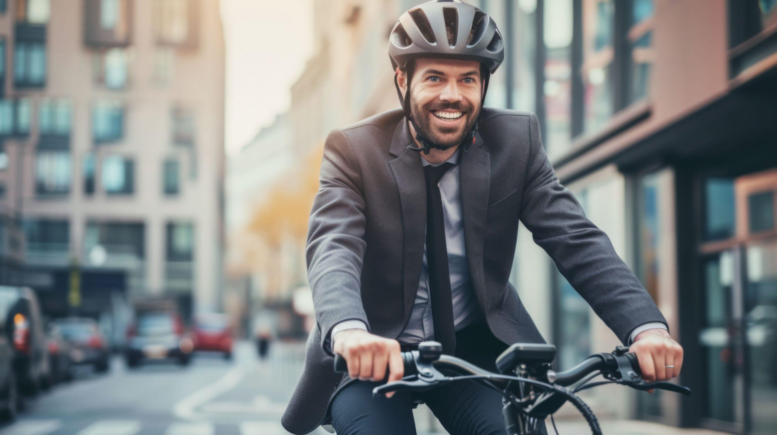 Berufspendler mit Fahrrad und Helm in der Stadt – symbolisiert den praktischen Nutzen einer sicheren Fahrradgarage im Alltag
