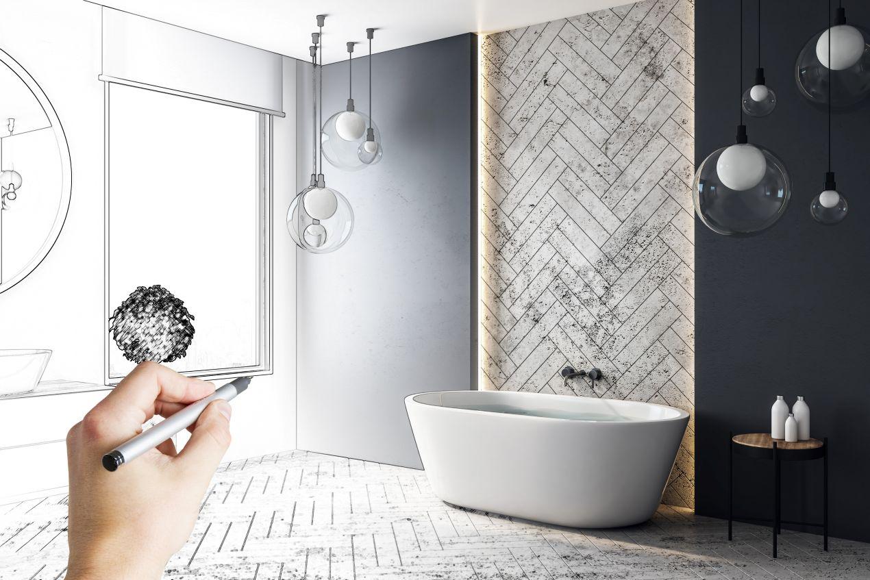 Badezimmer-Skizze mit freistehender Badewanne und stilvoller Duschrückwand in Fischgrätoptik