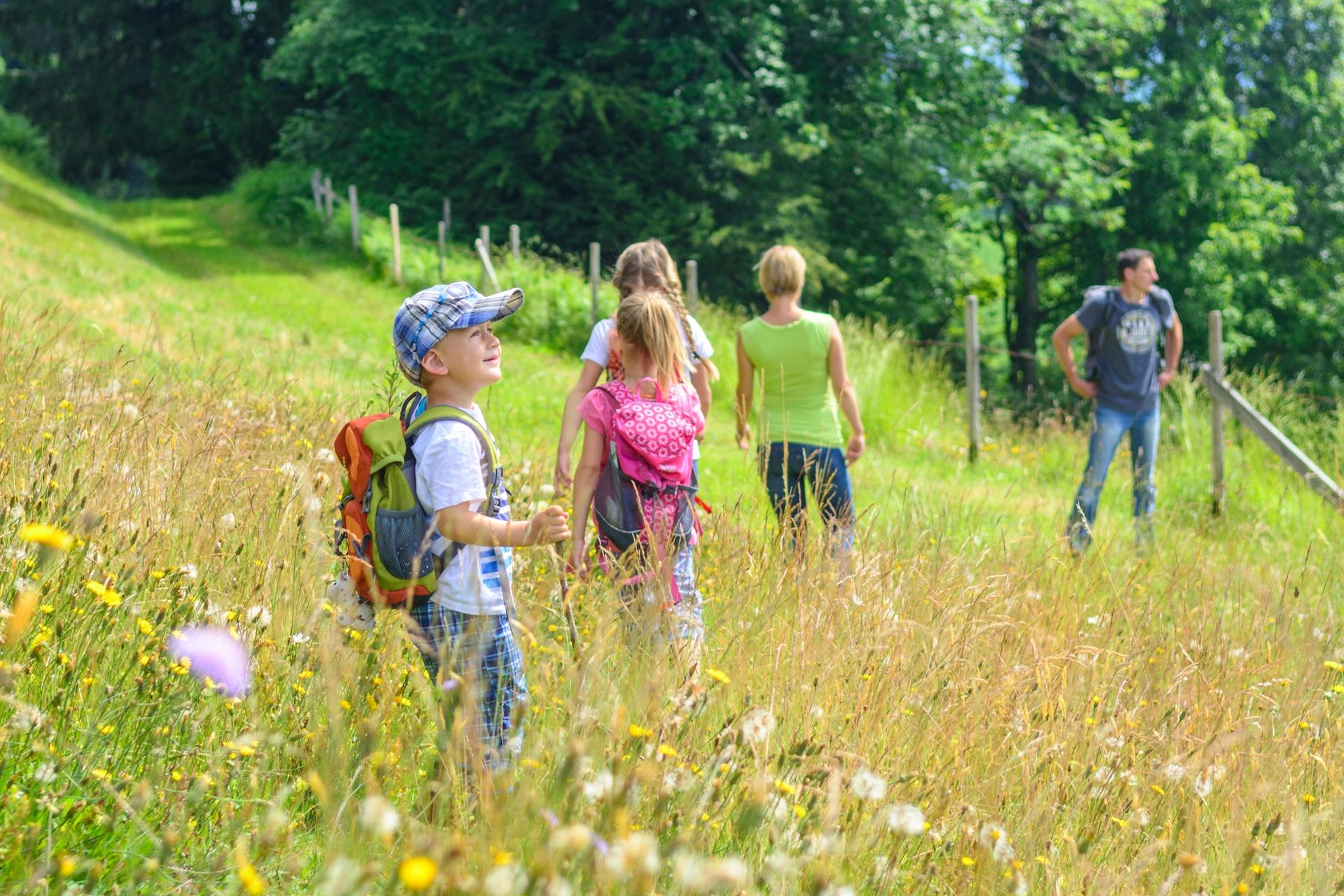 Familie wandert durch blühende Sommerwiese | Base Liquid