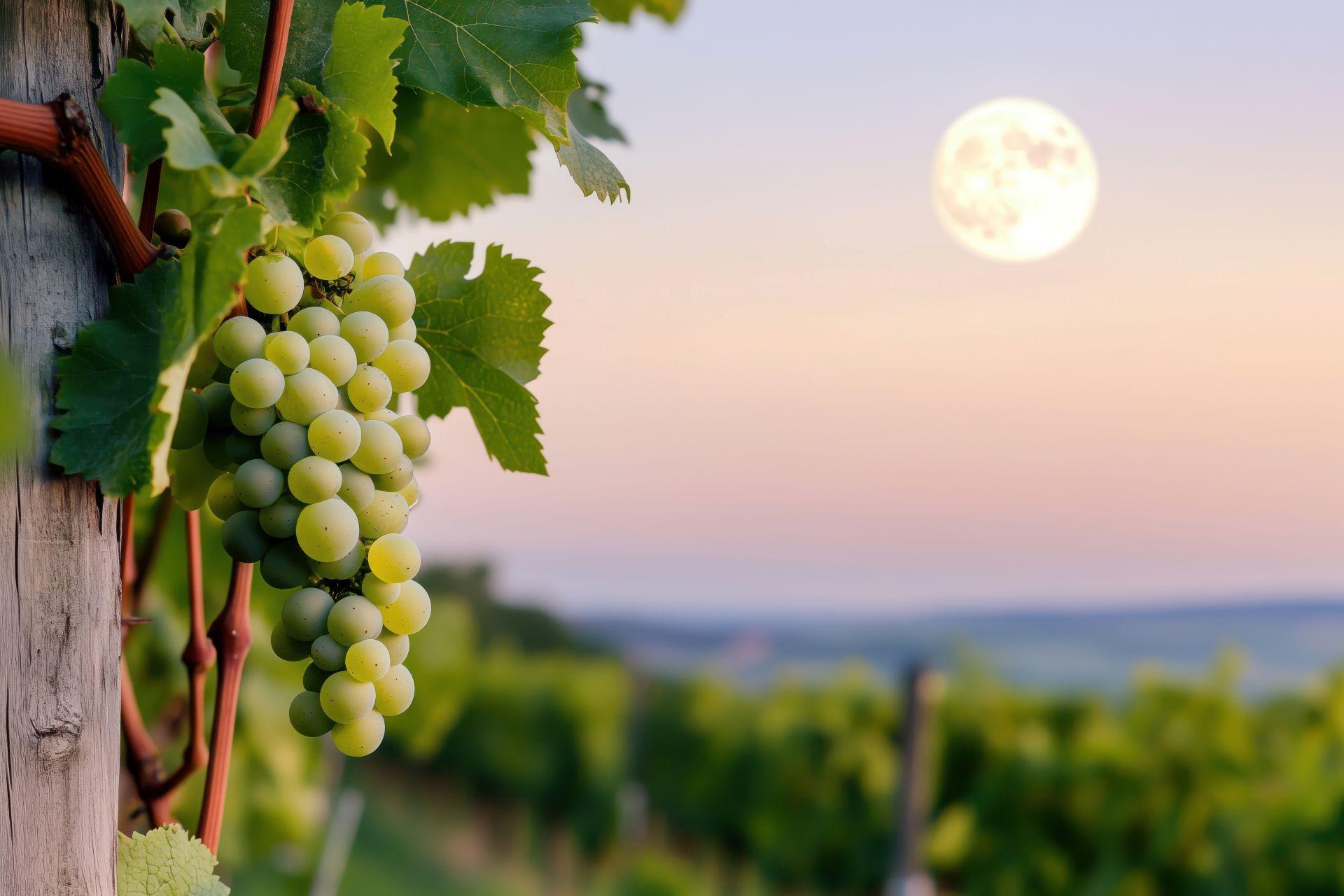 Gruene Weintrauben am Rebstock bei Abendstimmung mit Mond ueber der Weinlandschaft
