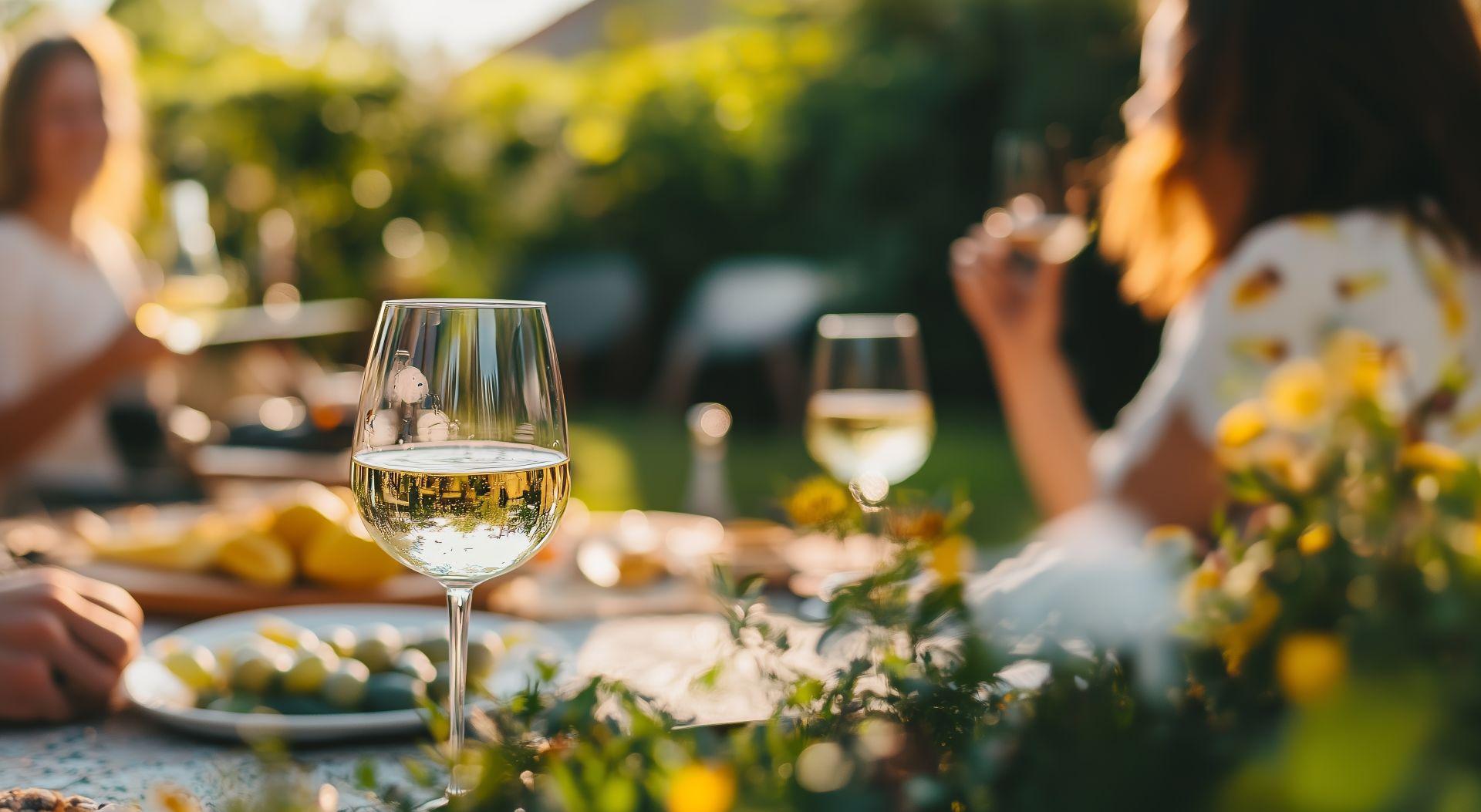 Ein Glas Weisswein auf einem gedeckten Tisch bei geselliger Runde im Garten