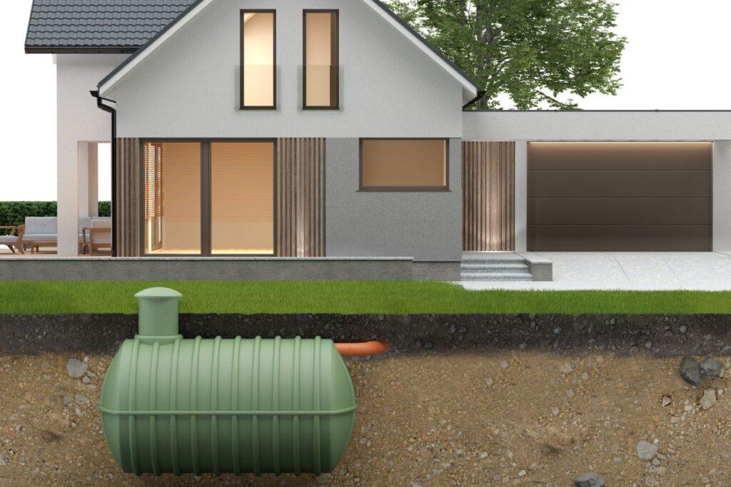 Querschnitt eines Hauses mit Regenwasseranlage im Boden – Beispiel fuer nachhaltige Wassertechnik im Eigenheim