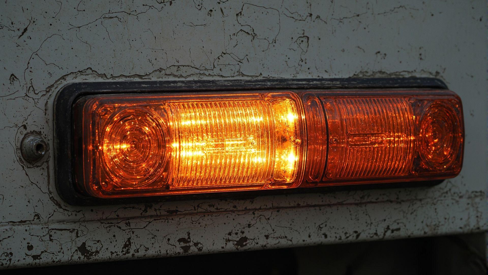 Nahaufnahme einer eingeschalteten orangefarbenen Blinkleuchte am Anhänger