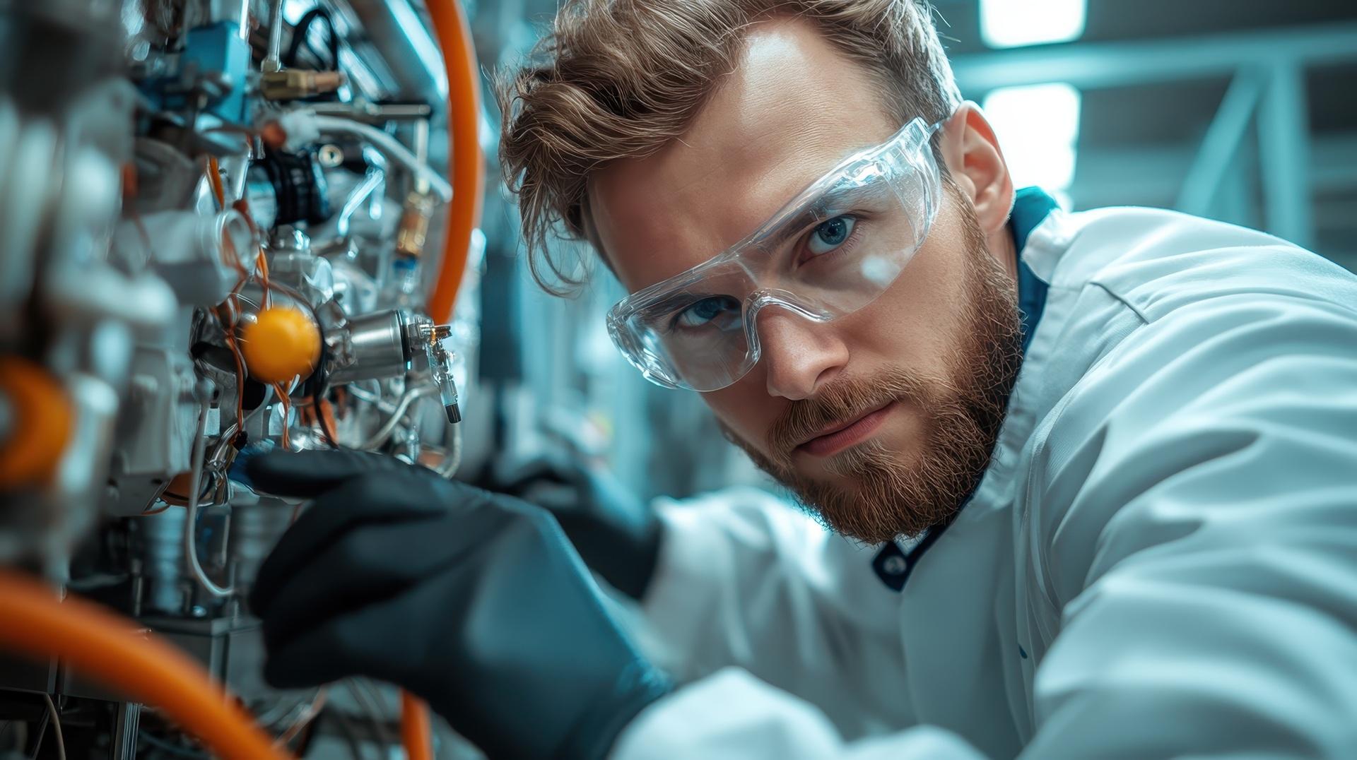 Techniker prüft Bauteile einer komplexen Maschine im Labor | Drehteile