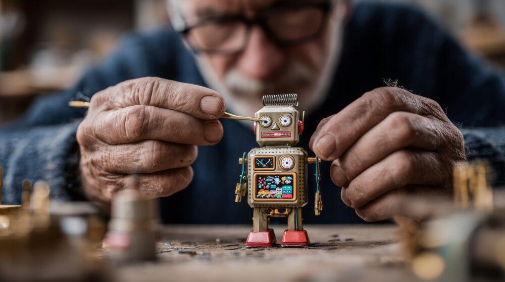 Älterer Mann baut präzisen Miniaturroboter in seiner Werkstatt | Drehteile