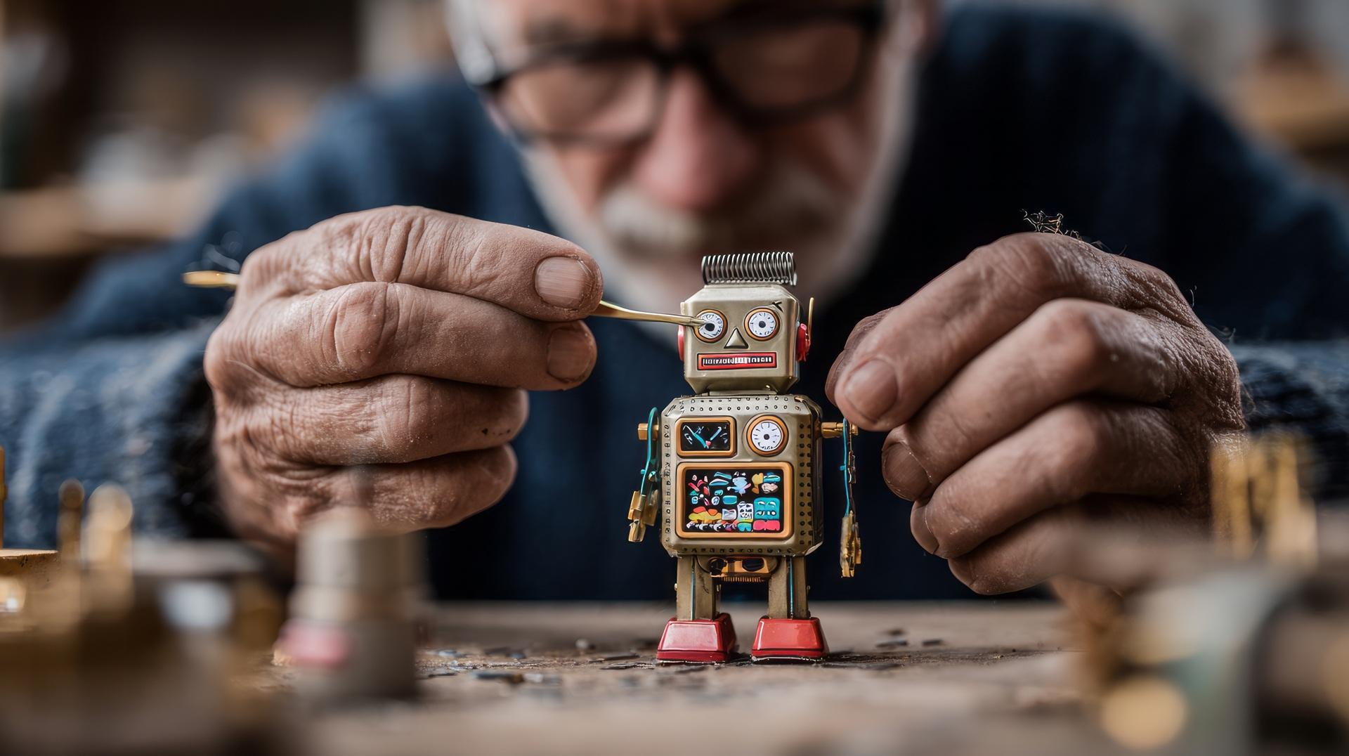 Älterer Mann baut präzisen Miniaturroboter in seiner Werkstatt | Drehteile